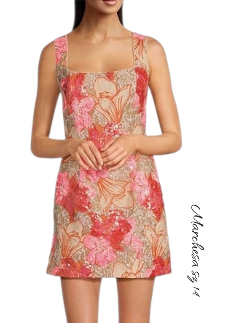 NWT Muse by Marchesa Romy Floral Sequin A-Line Mini Dress Sz 14 Pink Orange - Picture 1 of 15